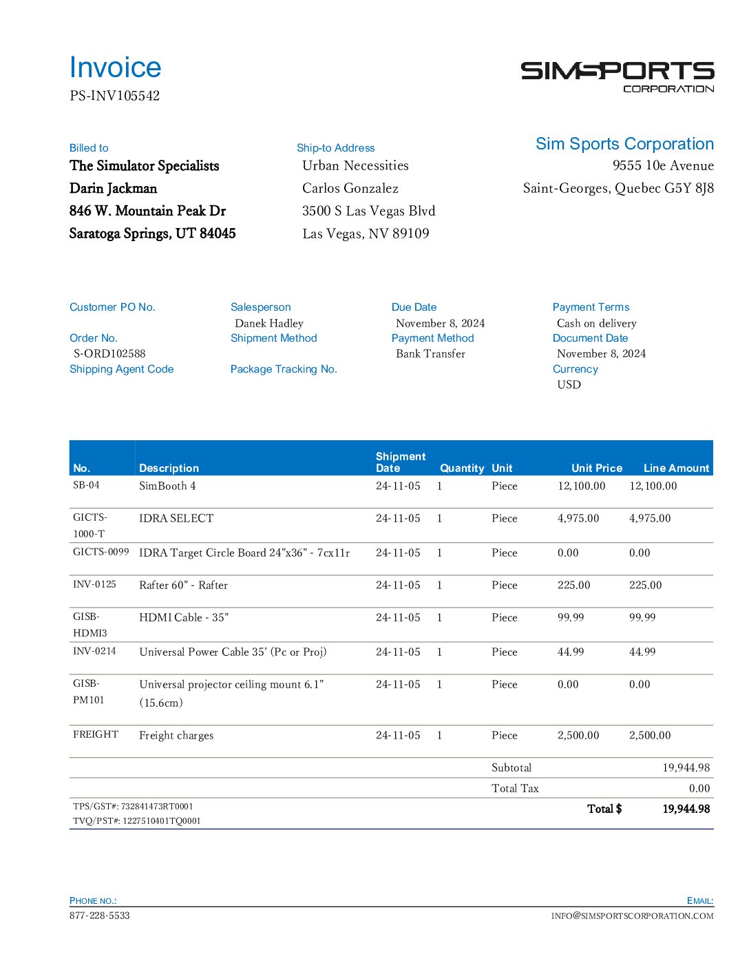 Urban Necessities Sales Invoices