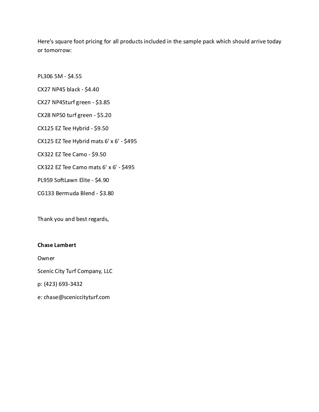 Scenic City Turf Prices